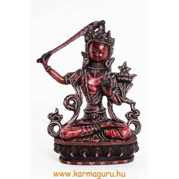 Manjushri kézzel vésett, vörös színű rezin szobor