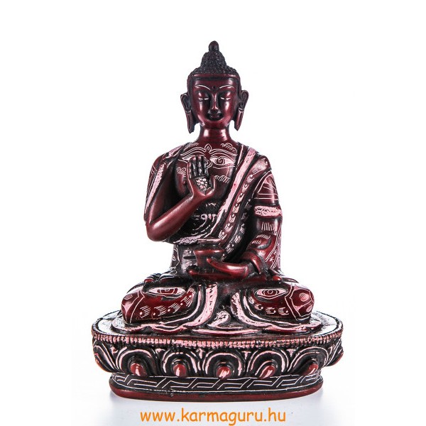 Áldó Buddha, kézzel vésett, vörös színű rezin szobor- 18 cm