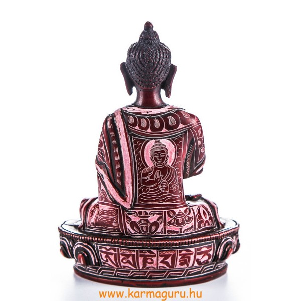 Áldó Buddha, kézzel vésett, vörös színű rezin szobor- 18 cm