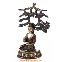Áldó Buddha bódhi fa alatt réz szobor, arany-vörös - 18 cm 