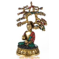 Áldó Buddha bódhi fa alatt réz szobor, kővel berakott - 18 cm 
