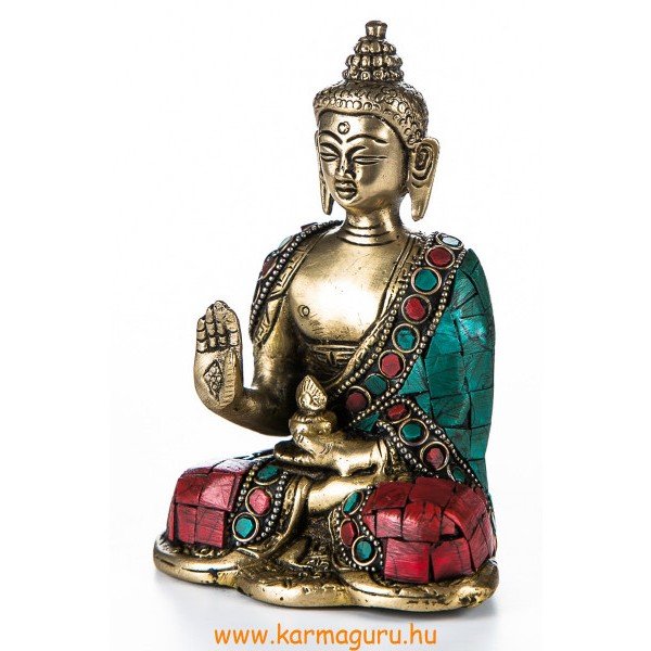Áldó Buddha réz szobor, kővel berakott - 16 cm