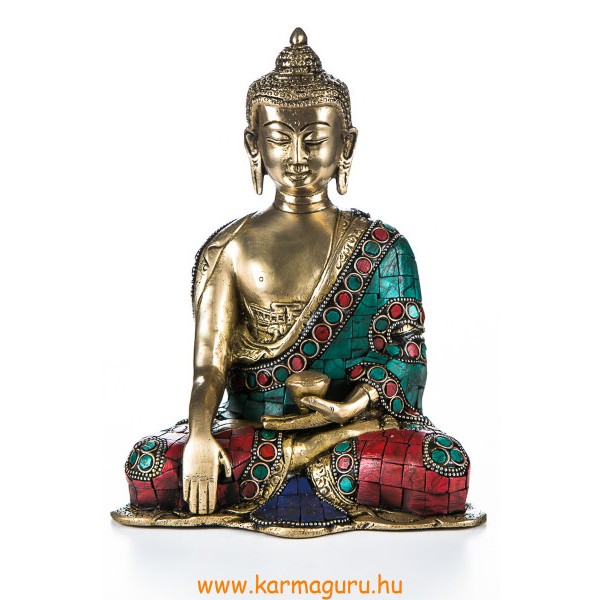 Shakyamuni Buddha réz szobor, kővel berakott - 20 cm