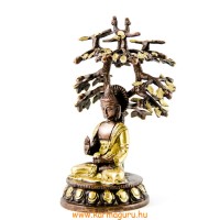 Áldó Buddha bódhi fa alatt réz szobor, arany-bronz - 18 cm 