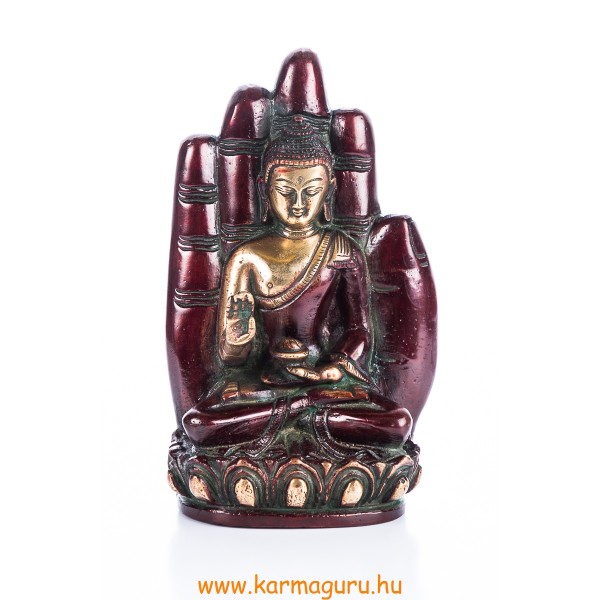 Áldó Buddha kézben szobor, réz, arany-vörös
