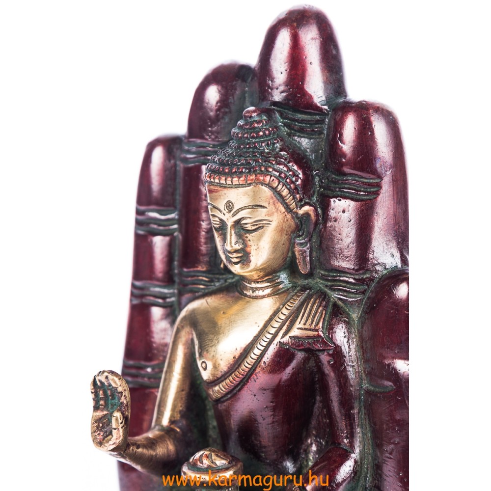 Áldó Buddha kézben szobor, réz, arany-vörös