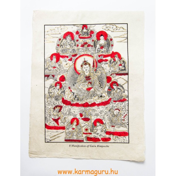 Guru Rinpoche mártott papír (LOKTA) falikép piros díszítéssel