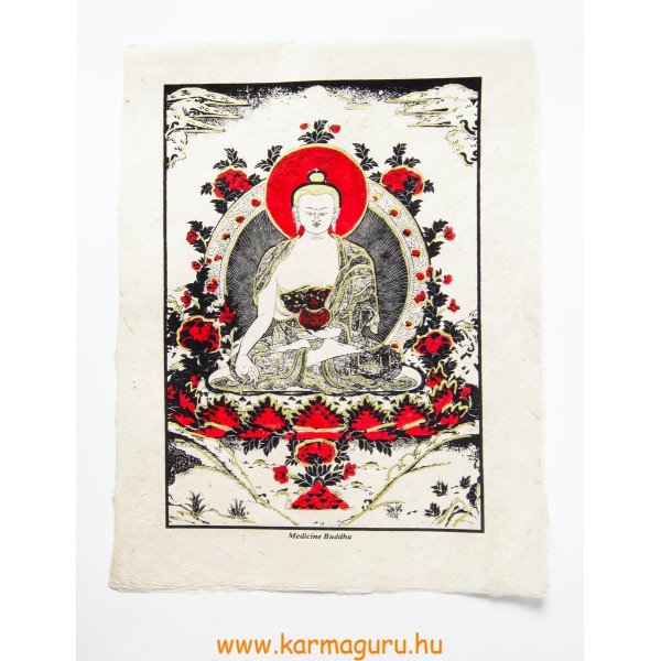Gyógyító Buddha mártott papír (LOKTA) falikép piros díszítéssel