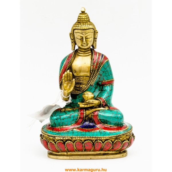 Áldó Buddha szobor réz, kővel berakott, prémium minőség - 16 cm