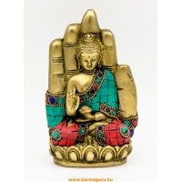Áldó Buddha kézben szobor, réz, kővel berakott