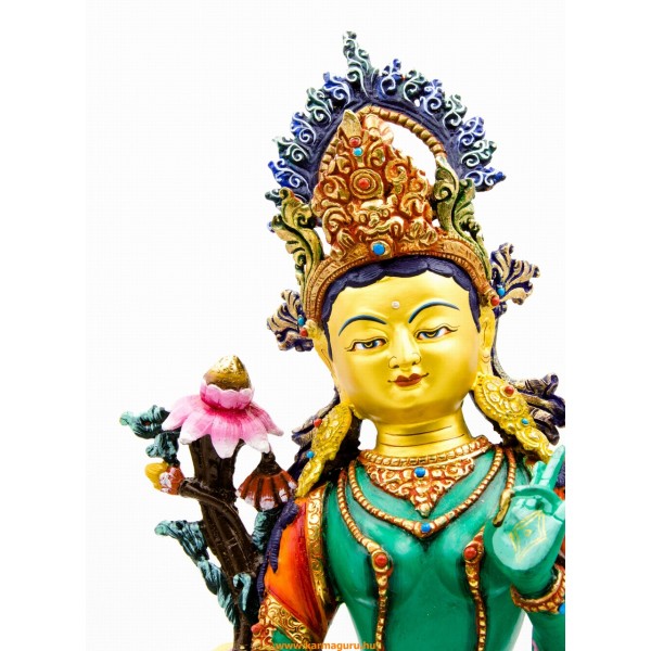 Zöld Tara teljesen aranyozott, festett szobor különlegesség - 35 cm
