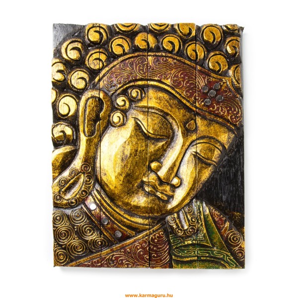 4 részes, Buddha fejes, arany-vörös színű, fa fali dísz - 30 x 39 cm
