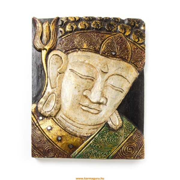 Buddha fejes, arany-fehér színű, fa fali dísz - 29 x 37 cm