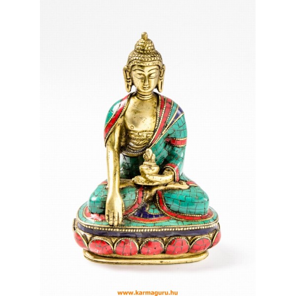 Shakyamuni Buddha szobor réz, kővel berakott, prémium minőség - 14 cm