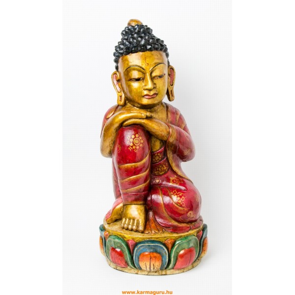 Gondolkodó Buddha fa faragott, festett szobor - 60 cm