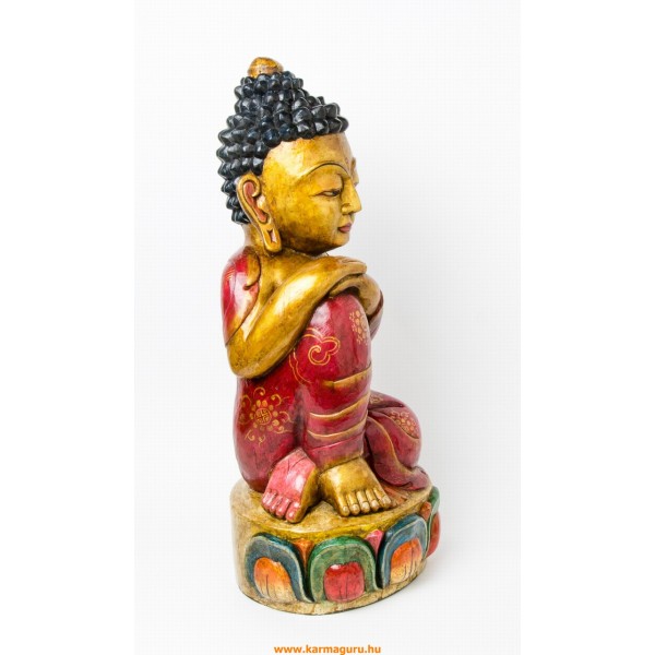 Gondolkodó Buddha fa faragott, festett szobor - 60 cm