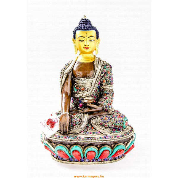Shakyamuni Buddha oxidált, féldrágaköves szobor különlegesség, ritkaság - 33 cm