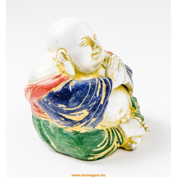 Nevető Buddha réz szobor, fehér-arany és színes - 11 cm 