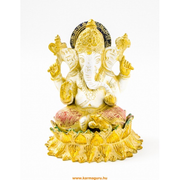 Ganesha lótuszon réz szobor, fehér-arany és színes - 15 cm