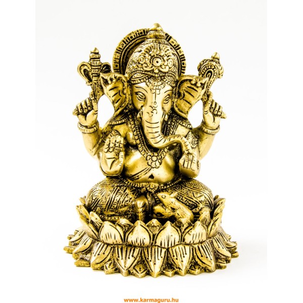 Ganesha lótuszon réz szobor, matt sárga - 15 cm