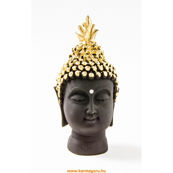 Buddha fej szobor, rezin, fekete-arany - 13 cm