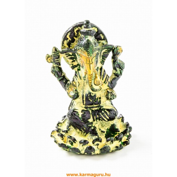 Ganesha lótuszon réz szobor, arany és sötétzöld - 6 cm
