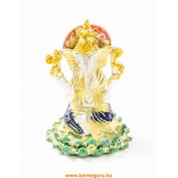 Ganesha lótuszon réz szobor, fehér-arany és színes - 6 cm