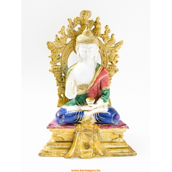 Áldó Buddha réz szobor trónon, fehér-arany és színes - 30 cm