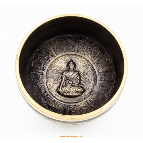 Géppel készített 7 fémes, fekete színű, Buddha dombor mintás hangtál - 14 cm