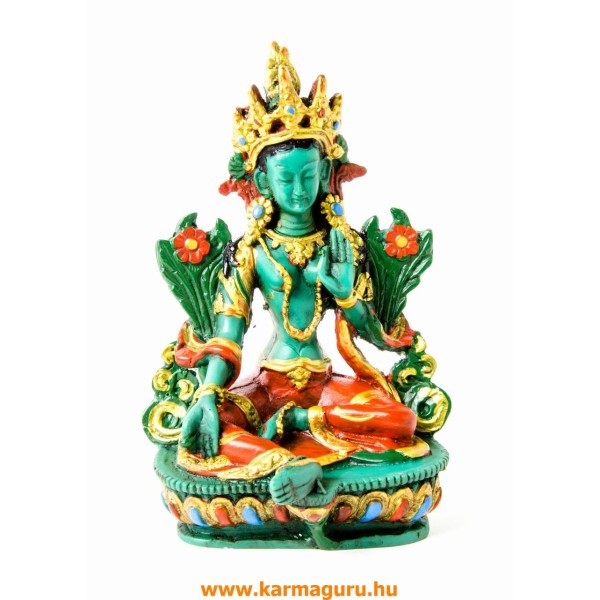 Zöld Tara kézzel festett rezin szobor