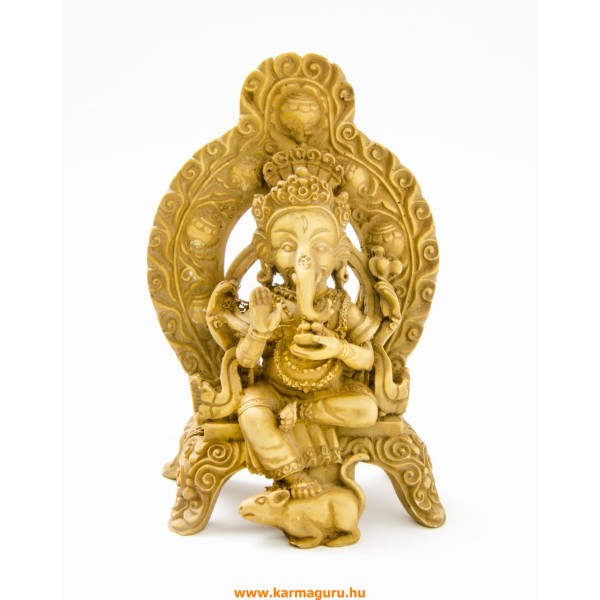 Ganesha trónon, csont színű rezin szobor - 16 cm