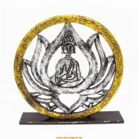 Fa Buddha lótuszban, talpas asztaldísz - ezüst-arany színű - 30 cm