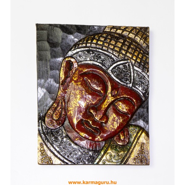 Buddha fejes, arany-vörös színű, fa fali dísz - 20 x 25 cm