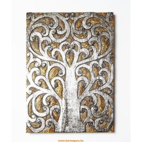 Életfás, ezüst színű, fa fali dísz - 29 x 40 cm