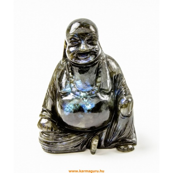Nevető Buddha labradorit kristály szobor - 13 cm