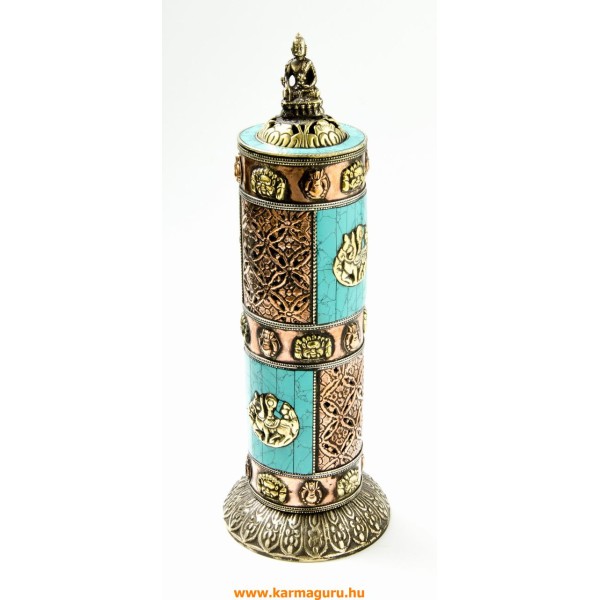 Torony alakú réz füstölő égető Buddhával - türkiz