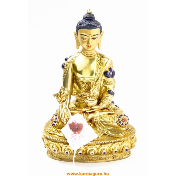 Gyógyító Buddha aranyozott szobor - 21 cm - kő berakással