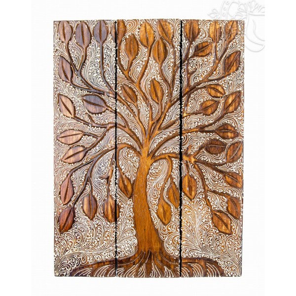 3 részes, életfás, barna színű, fa fali dísz - 45 x 60 cm