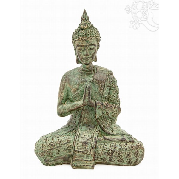 Imádkozó Buddha zöld rezin szobor - 20 cm