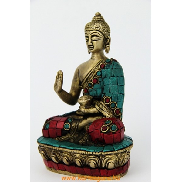 Áldó Buddha szobor réz, matt sárga, kővel berakott - 13,5 cm
