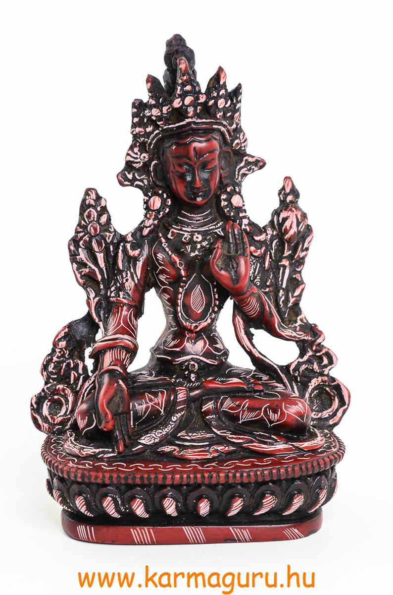 Fehér Tara kézzel vésett, vörös  színű rezin szobor