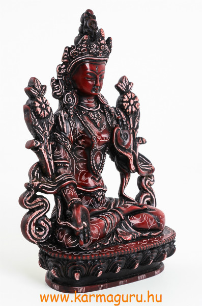 Fehér Tara kézzel vésett, vörös  színű rezin szobor