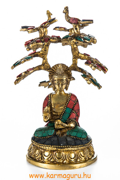 Áldó Buddha bódhi fa alatt réz szobor, kővel berakott - 18 cm 