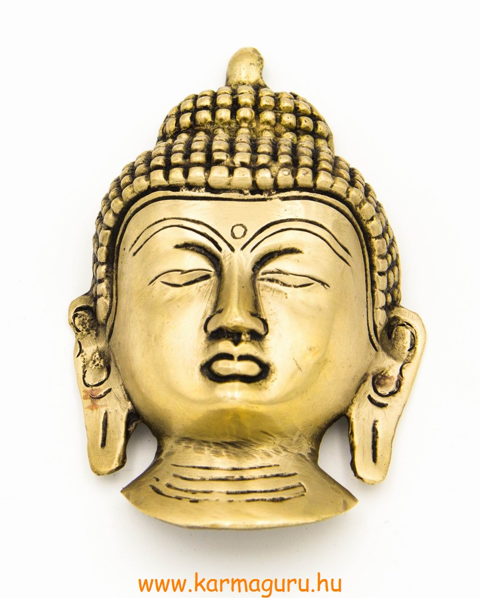 Buddha maszk rézből, matt sárga színű - 12 cm