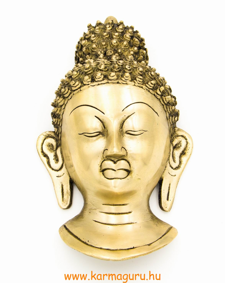 Buddha maszk rézből, matt sárga színű - 18 cm