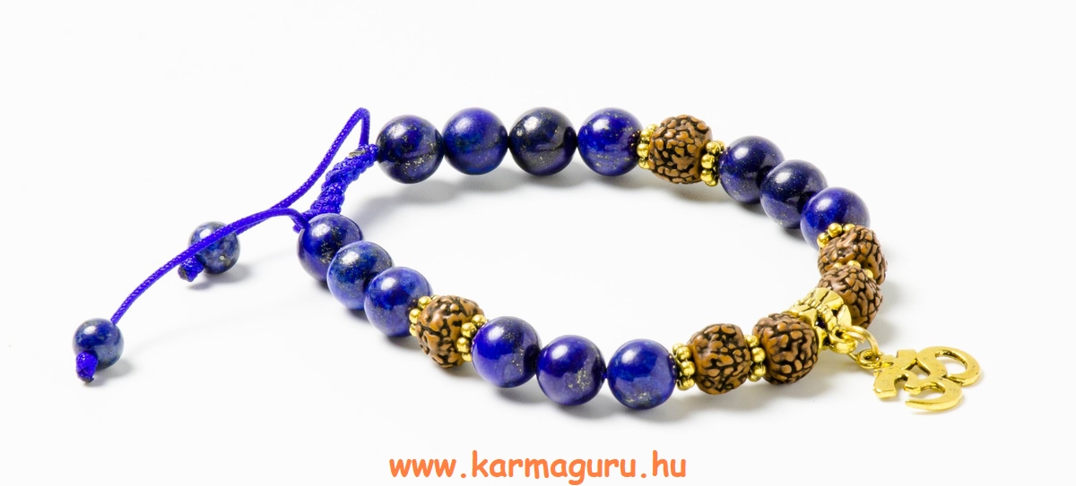 Lápisz lazuli, antikolt rudraksha - prémium minőségű, om jel, állítható karkötő, csuklómala
