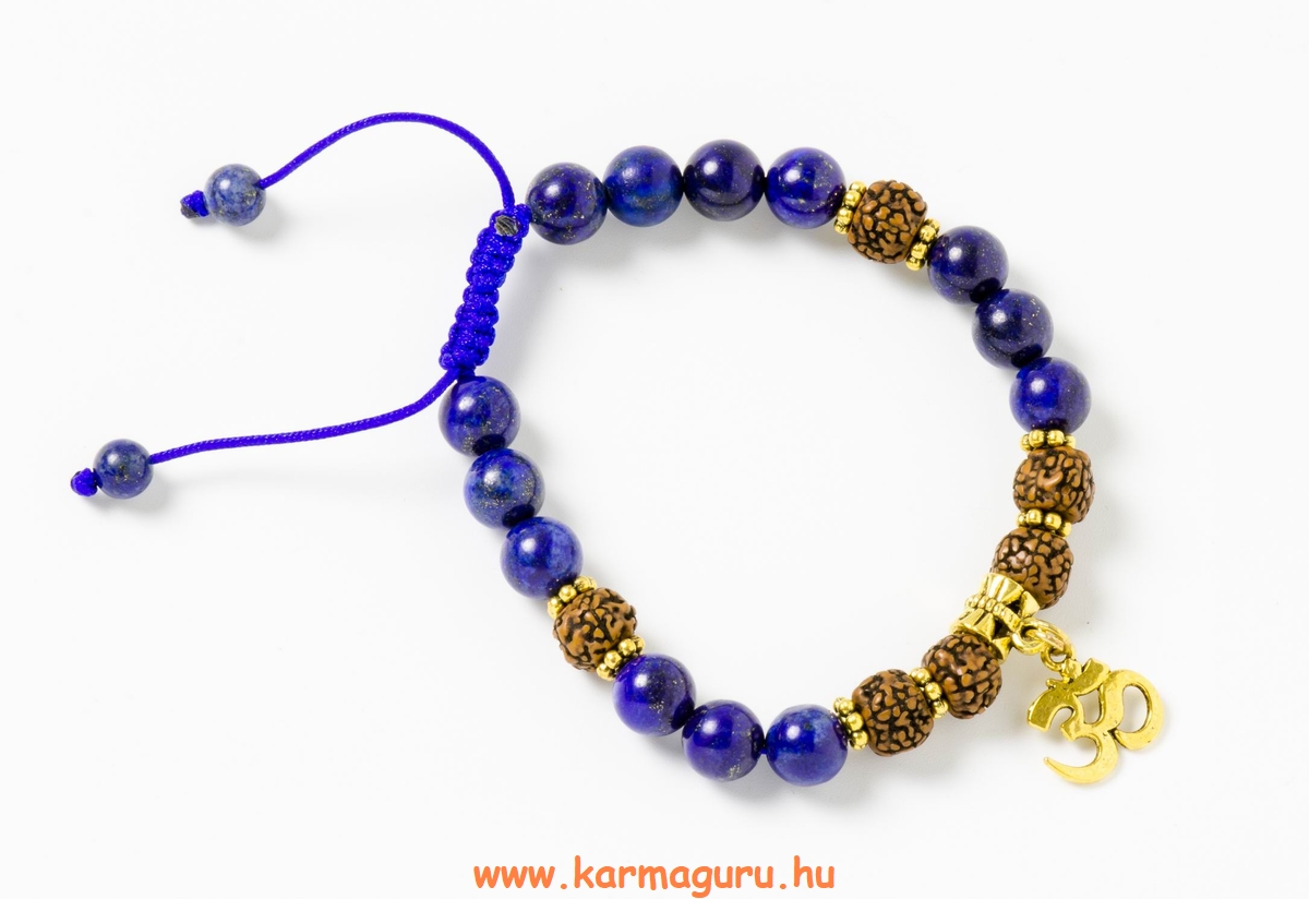 Lápisz lazuli, antikolt rudraksha - prémium minőségű, om jel, állítható karkötő, csuklómala