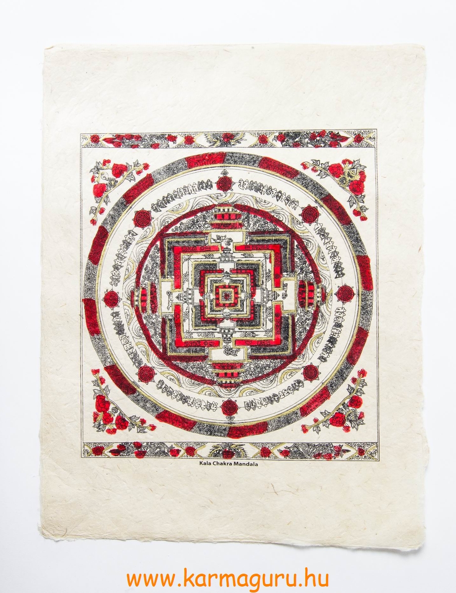 Kalacsakra Mandala mártott papír (LOKTA)  falikép piros díszítéssel