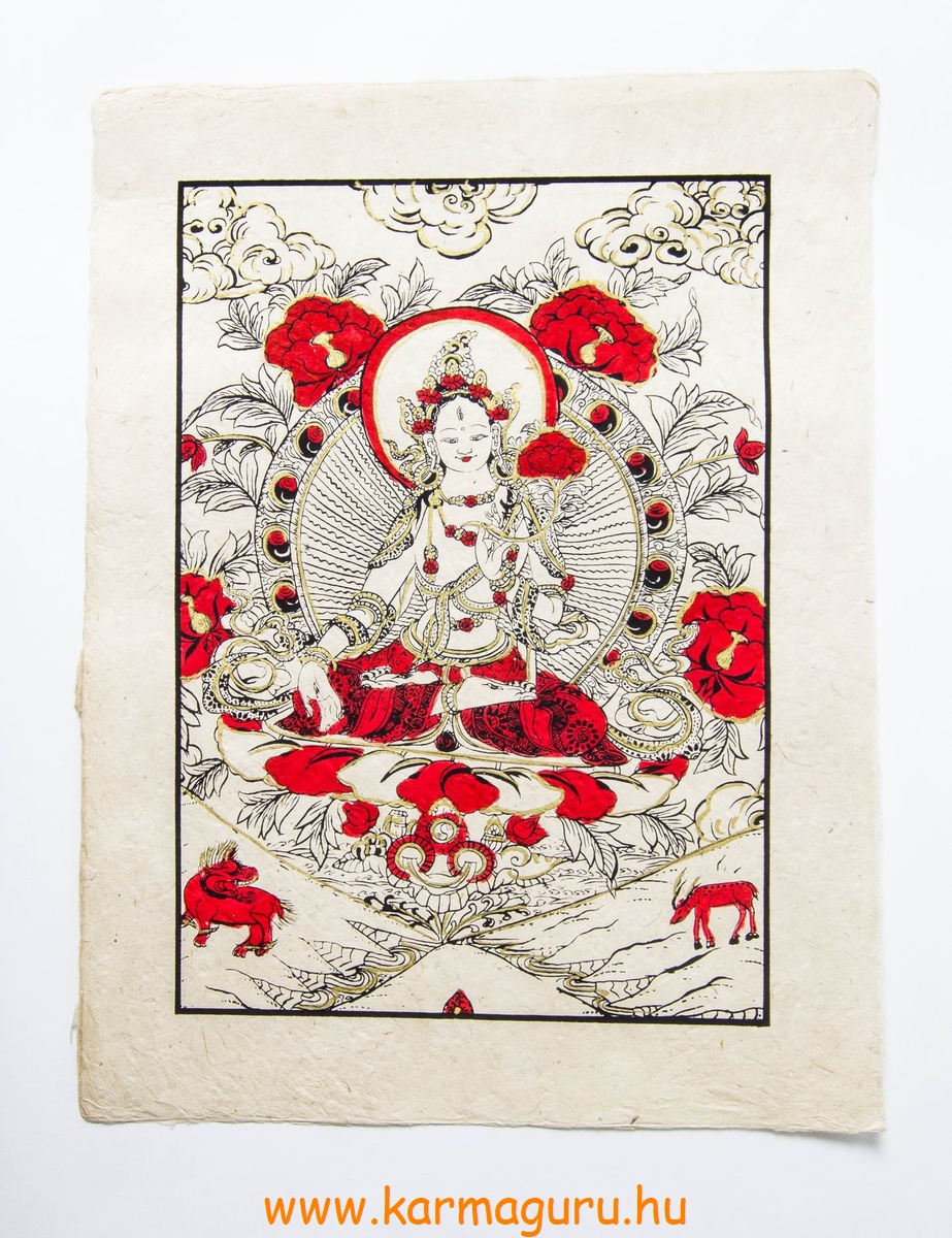 Fehér Tara mártott papír (LOKTA) falikép piros díszítéssel
