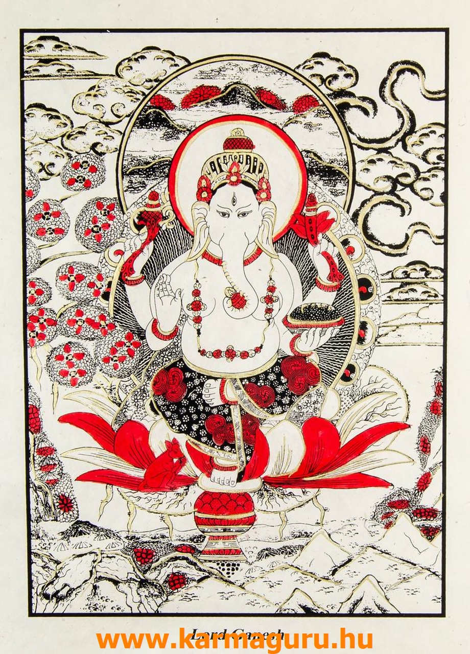 Ganesha mártott papír (LOKTA) falikép- piros díszítéssel